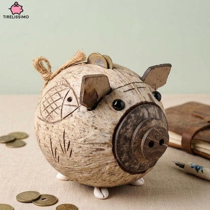 Tirelire cochon en noix de coco artisanale